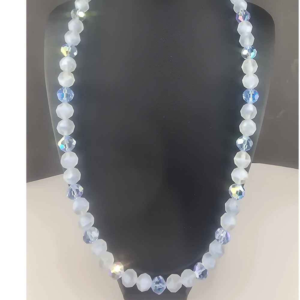 Vintage Estate Necklace Blue Frosted Faceted Glass AB Beads 24in